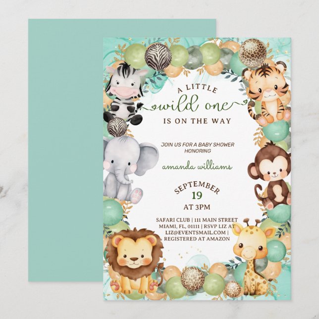 En lite vild en safari djur baby shower inbjudningar (Fram/baksida)