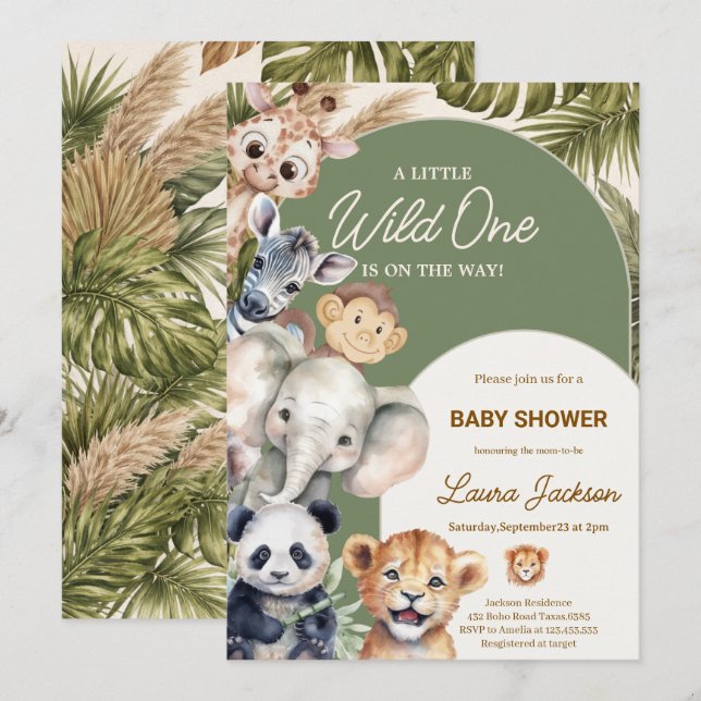 En lite vild Safari för bebisar Baby shower Inbjudningar (Fram/baksida)