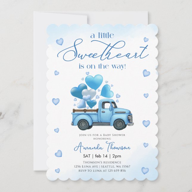 En liten älskling blå lastbil Baby Shower Inbjudningar (Framsida)