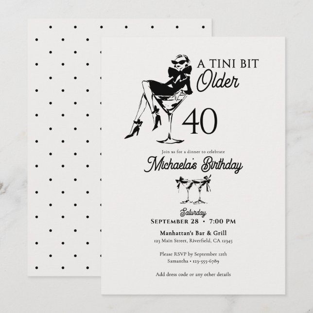 En liten aning äldre Elegant Martini 40-årsdag Inbjudningar (Fram/baksida)