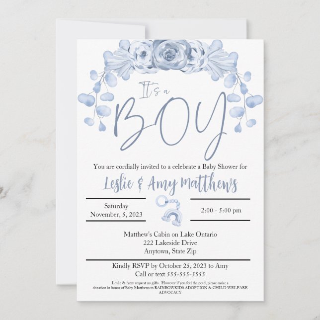 En liten babystöldsinbjudan, blå blommigt Invi Inbjudningar (Framsida)