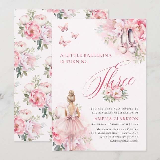 En liten Ballerina Svan Sjö, tredje födelsedag Inbjudningar (Fram/baksida)