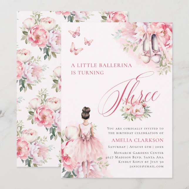 En liten Ballerina Svan Sjö, tredje födelsedag Inbjudningar (Fram/baksida)