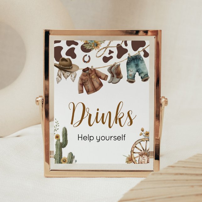 En liten barnsköld, babykläder poster (A Little Cowboy Baby Shower Drinks Sign)
