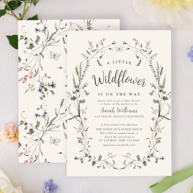 En liten Blommigt av Wildblommans natur-flicka Bab Inbjudningar (Baby Shower Invitation)