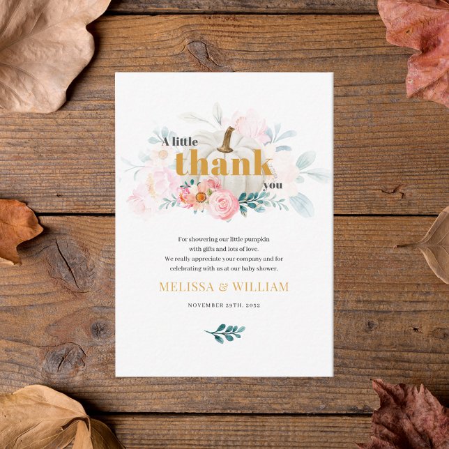 En liten Blommigt, babyskor, Tack Anteckningskort (Fall Floral White Pumpkin Baby Shower Thank You Card)