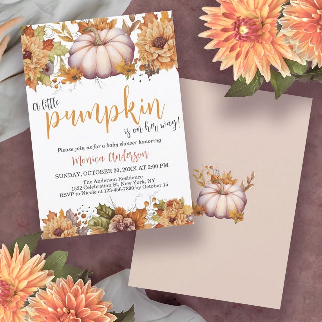 En liten Blommigt för höstfälla för hösten Inbjudningar (A Little Pumpkin Autumn Fall Floral Baby Shower Invitation)