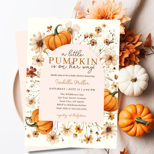 En liten Blommigt för höstfälla för hösten Inbjudningar (fall pumpkin baby shower invite)