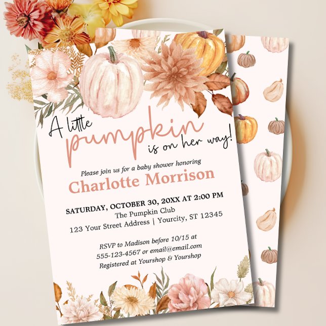 En liten Blommigt för höstfälla för hösten Inbjudningar (Little Pumpkin Blush Pink Fall Baby Shower Invite)