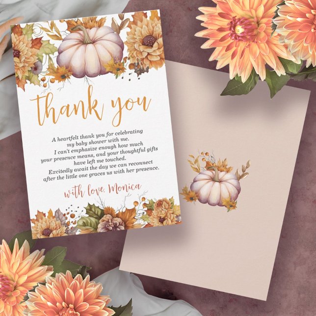 En liten Blommigt för höstfälla för hösten Tack Kort (A Little Pumpkin Watercolor Girl Pink Baby Shower Thank You Card)