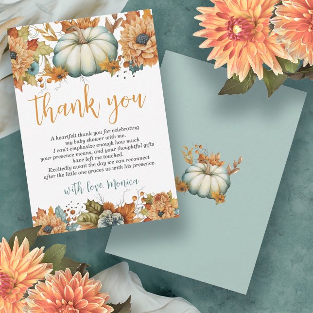 En liten Blommigt för höstfälla för hösten Tack Kort (A Little Pumpkin Watercolor Floral Boy Baby Shower Thank You Card)