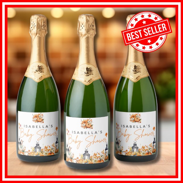 En liten Blommigt för hösthöstens höstblomma (A Little Pumpkin is on the Way Fall Autumn Floral Baby Shower Sparkling Wine Labels)
