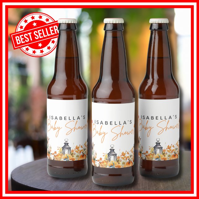 En liten Blommigt för hösthöstens höstblomma Ölflaska Etikett (A Little Pumpkin is on the Way Fall Autumn Floral Baby Shower Beer Bottle Labels )