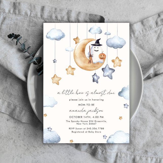 En liten boj är nästan på väg att bli Måne-stjärna Inbjudningar (A Little Boo Is Almost Due Moon Stars Baby Shower Invitation)