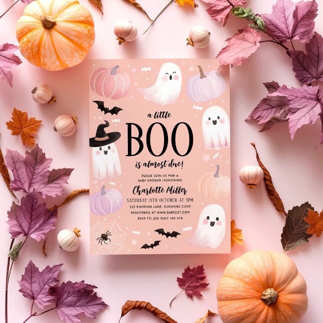 En liten boo är nästan på väg till Halloween Baby  Inbjudningar (A Little Boo is almost due! Halloween Themed Baby Shower in orange, purple and pink. )