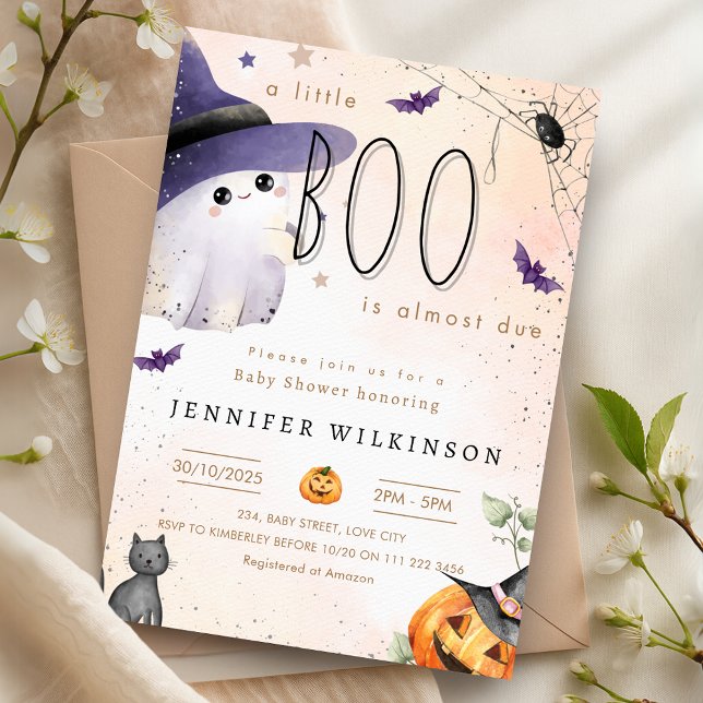 En liten boo är på grund av Halloween Ghost Baby S Inbjudningar (A Little Boo Is Due Halloween Ghost Baby Shower Invitation)
