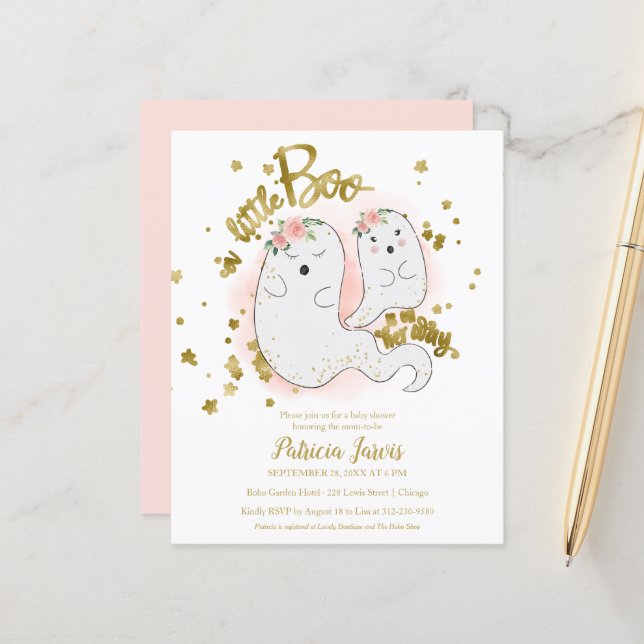 En liten Boo Budget Flickas Babyshower-inbjudan (Fram/Back In Situ)