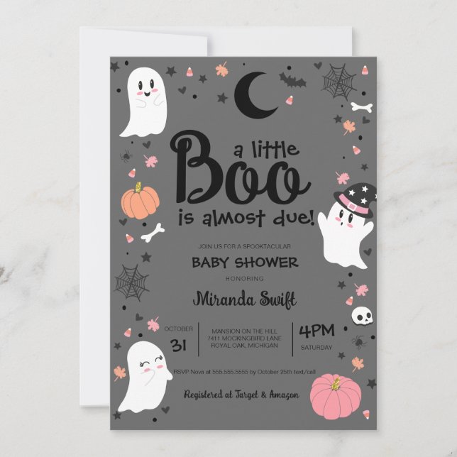 En liten Boo Cute Halloween Rosa Grått Baby Shower Inbjudningar (Framsida)