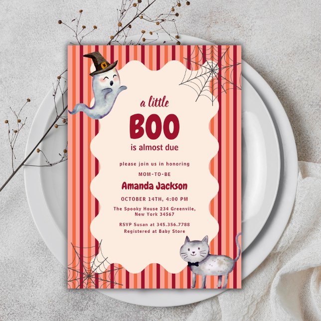 En liten Boo Ghost-katt höstbabystövel Inbjudningar (A Little Boo Ghost Cat Fall Autumn Baby Shower Invitation)