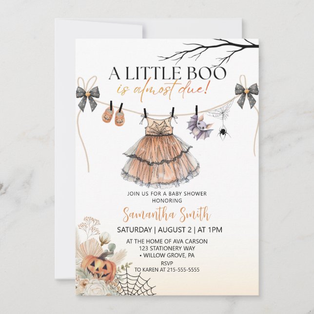 En liten Boo Girl clothesline Baby Shower Inbjudningar (Framsida)