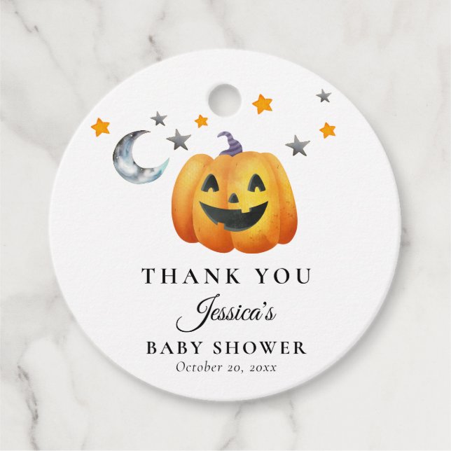 En liten Boo Halloween Pumpkin Baby Shower Gåvor Etiketter (Framsida)