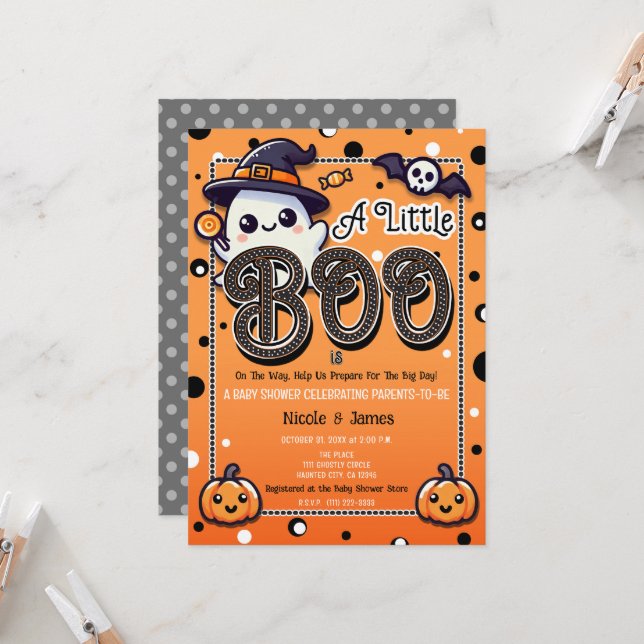 En liten Boo Polka dots Halloween Baby Shower Inbjudningar (Fram/Back In Situ)