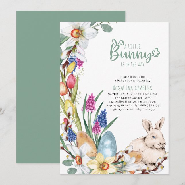 En liten Bunny Daffodils och Tulips Baby Shower Inbjudningar (Fram/baksida)