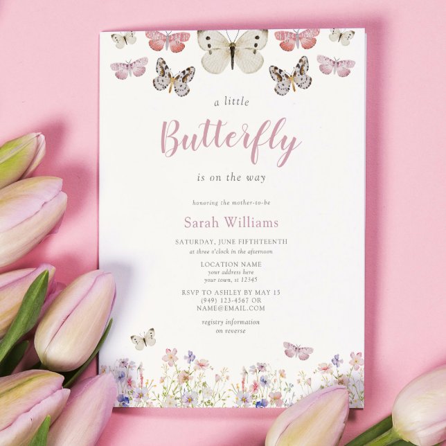 En liten Butterfly Wildblommor Garden Baby Shower Inbjudningar (Flutter by to celebrate new beginnings!)