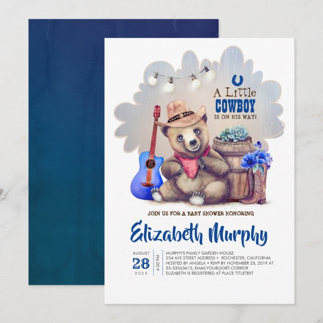 En liten cloboy är på hans sätt att föda babyskor inbjudningar (Fram/baksida)