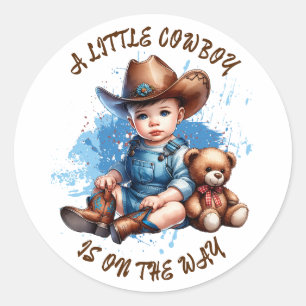 En liten Cowboy är på väg.   Baby Shower Runt Klistermärke