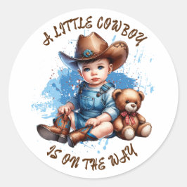 En liten Cowboy är på väg. | Baby Shower Runt Klistermärke