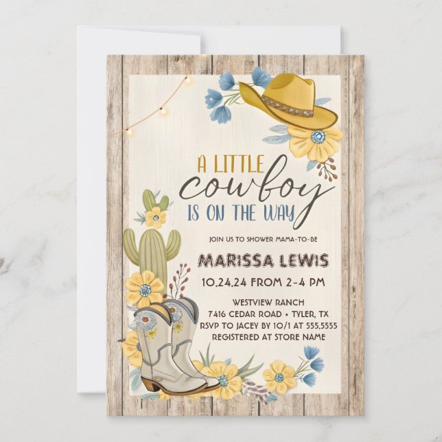 En liten cowboy är på väg Blå Gul Western Inbjudningar (Framsida)
