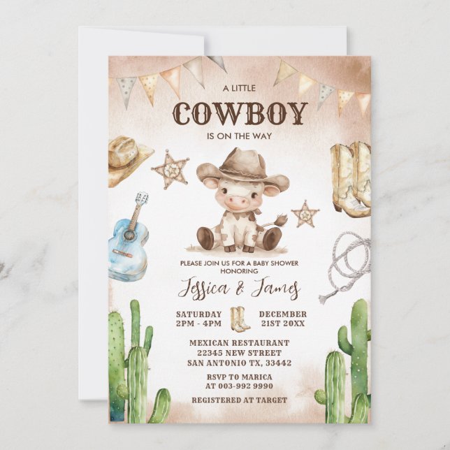 En liten Cowboy är på Way Baby-duschen Inbjudningar (Framsida)