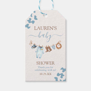 En liten Cowboy Blue Baby Shower Pojke Present Tag Presentetikett