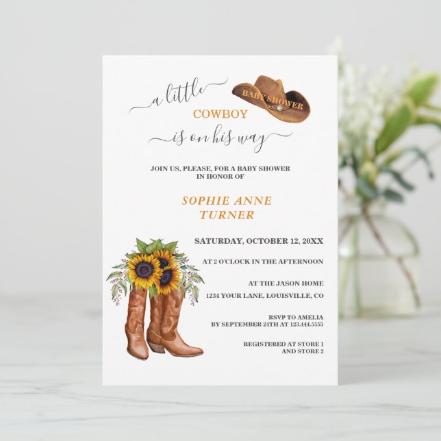 En liten Cowboy Boots Boy Calligraphy Baby Shower Inbjudningar (Stående Fram)