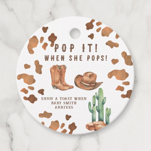 En liten Cowboy-POP-IT! Baby Shower Gåvor Etiketter (Framsida)