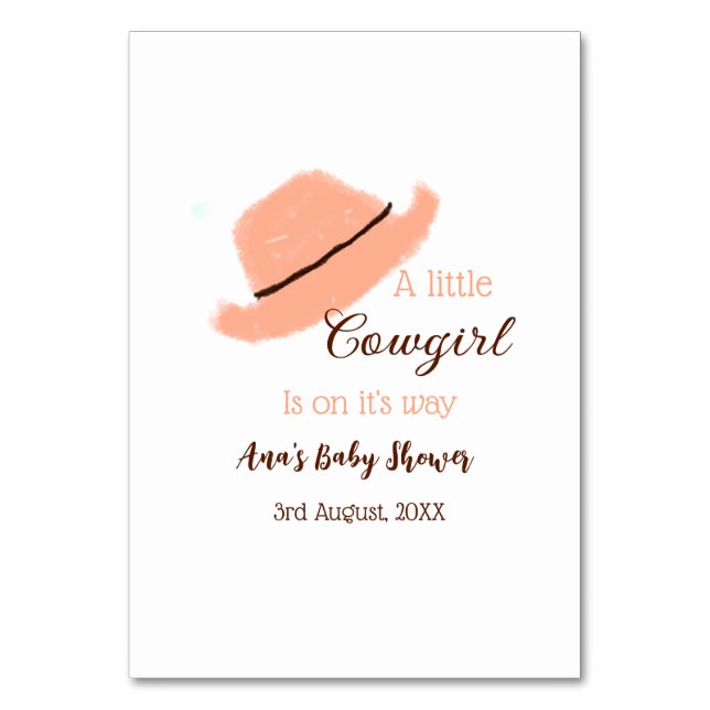 En liten cowgirl är på väg till orangens babydusch bordsnummer (Framsidan)