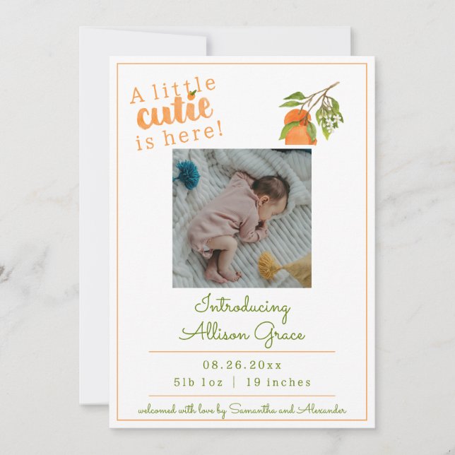 En liten Cutie är här födelsemeddelande Meddelande (Framsida)