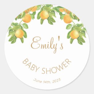 En liten Cutie är på väg mot Citrus Baby Shower Runt Klistermärke