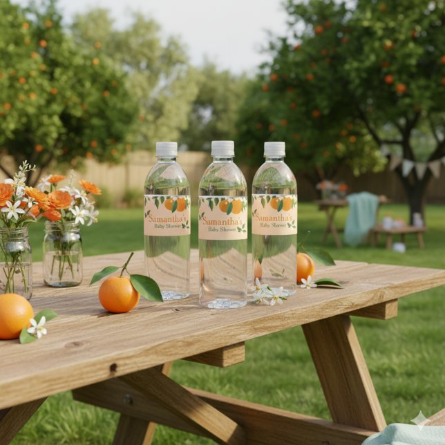 En liten Cutie Orange Baby Shower Vattenflaskor Etikett (Skapare uppladdad)