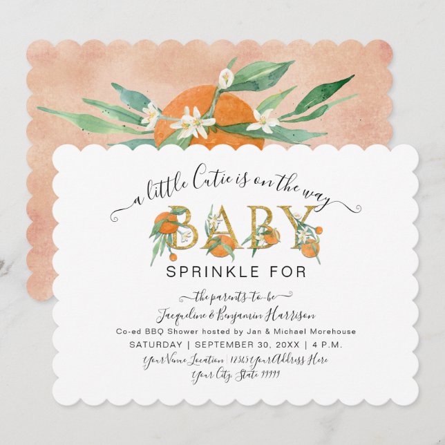 En liten Cutie-Orange, vattenfärgsbabyskor Inbjudningar (Fram/baksida)