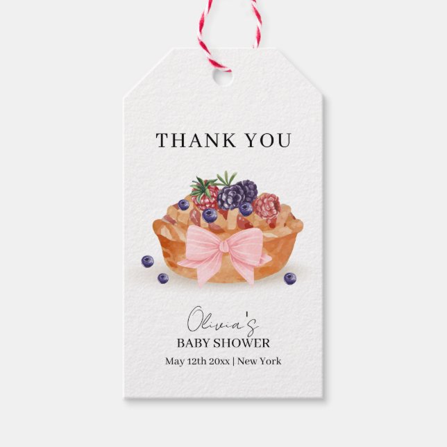 En liten Cutie Paj Berry Bow Baby Shower Tack Presentetikett (Framsidan)