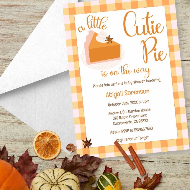 En liten Cutie Paj Gingham Fall Baby Shower Inbjudningar (A Little Cutie Pie Gingham Fall Baby Shower Invitation)
