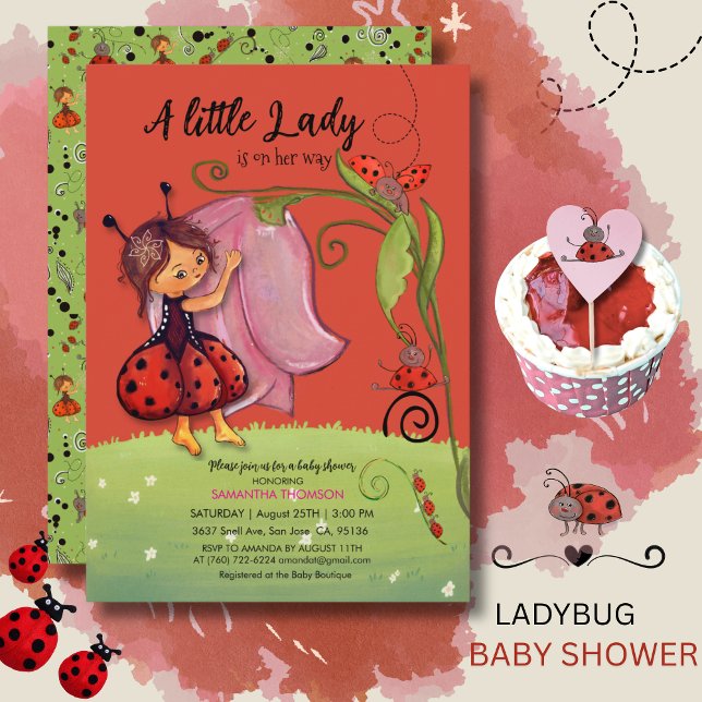 En liten dam är på väg Röd nyckelpiga inbjudan (A Little Lady is on Her Way Red Ladybug Invitation)