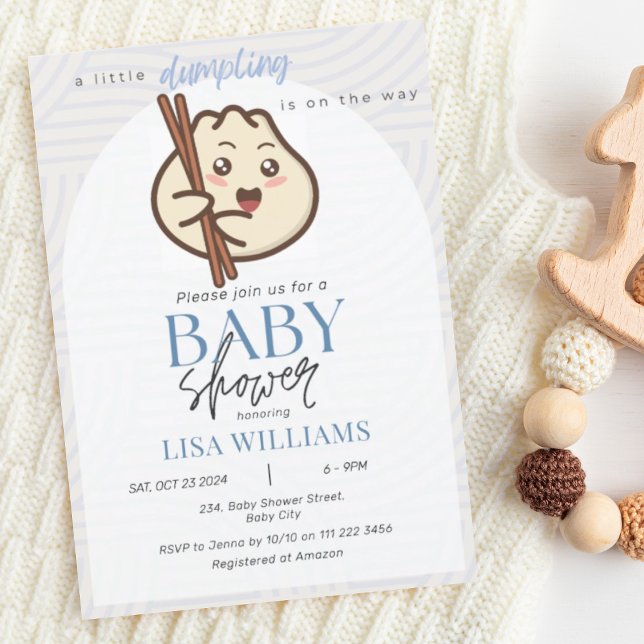 En liten doppande dusty Blue Bao Asian Baby Shower Inbjudningar (Little Dumpling Is On Its Way Dusty Blue Cute Kawaii Asian Baby Shower Invitation)