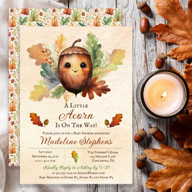 En liten ekollon Höst Baby Shower Inbjudningar (Whimsical watercolor acorn baby shower invitation with warm autumn woodland charm)