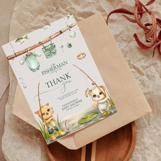 En liten fiskare känner sig glad över babyskor tack kort (Skapare uppladdad)