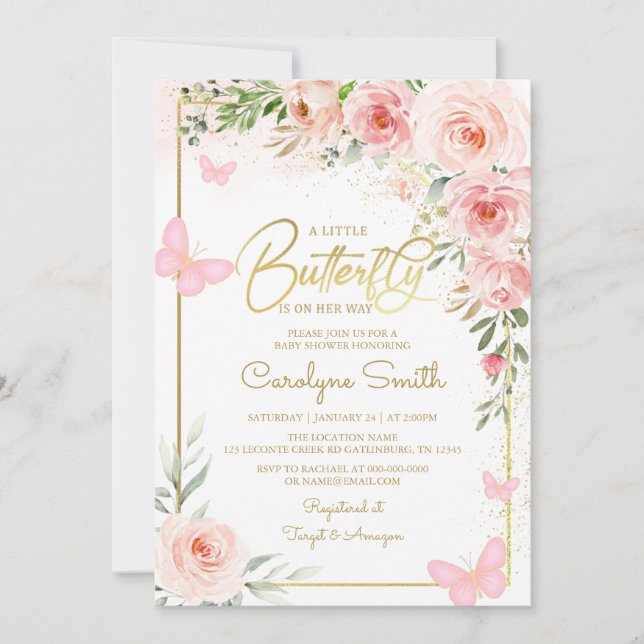 En liten fjäril är på hennes sätt, babyskor inbjudningar (Framsida)