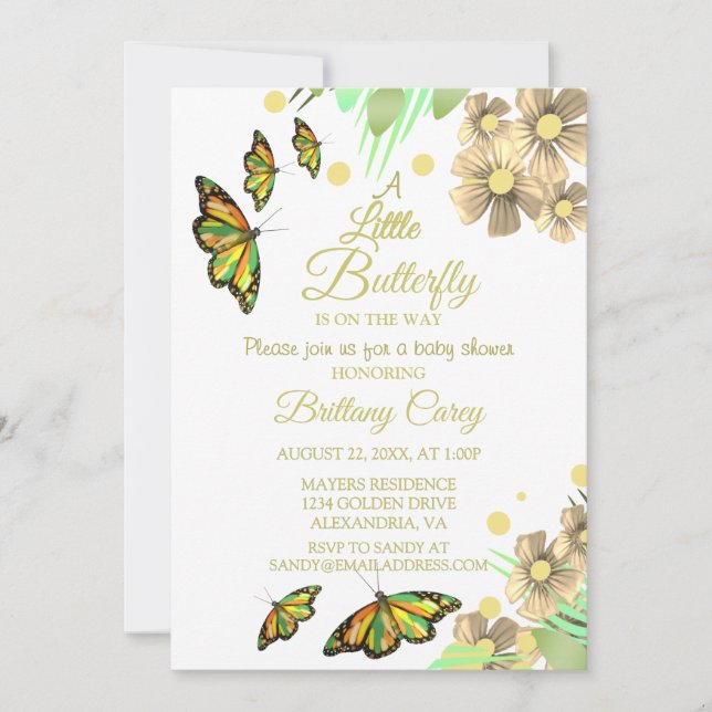 En liten fjäril är på väg mot Blommigten Baby Show Inbjudningar (Framsida)
