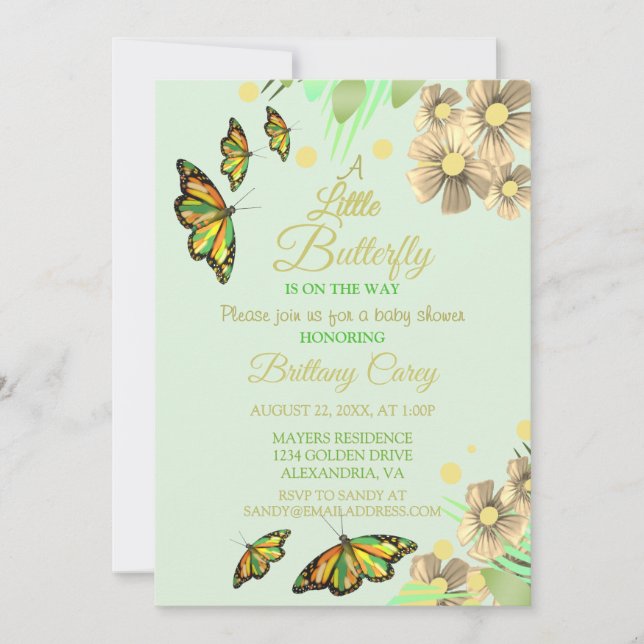 En liten fjäril är på väg mot Blommigten Baby Show Inbjudningar (Framsida)